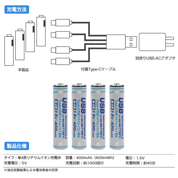 【訳あり・誤印字】Type-C充電リチウムイオン充電池(単4×4本)×2個ｾｯﾄ